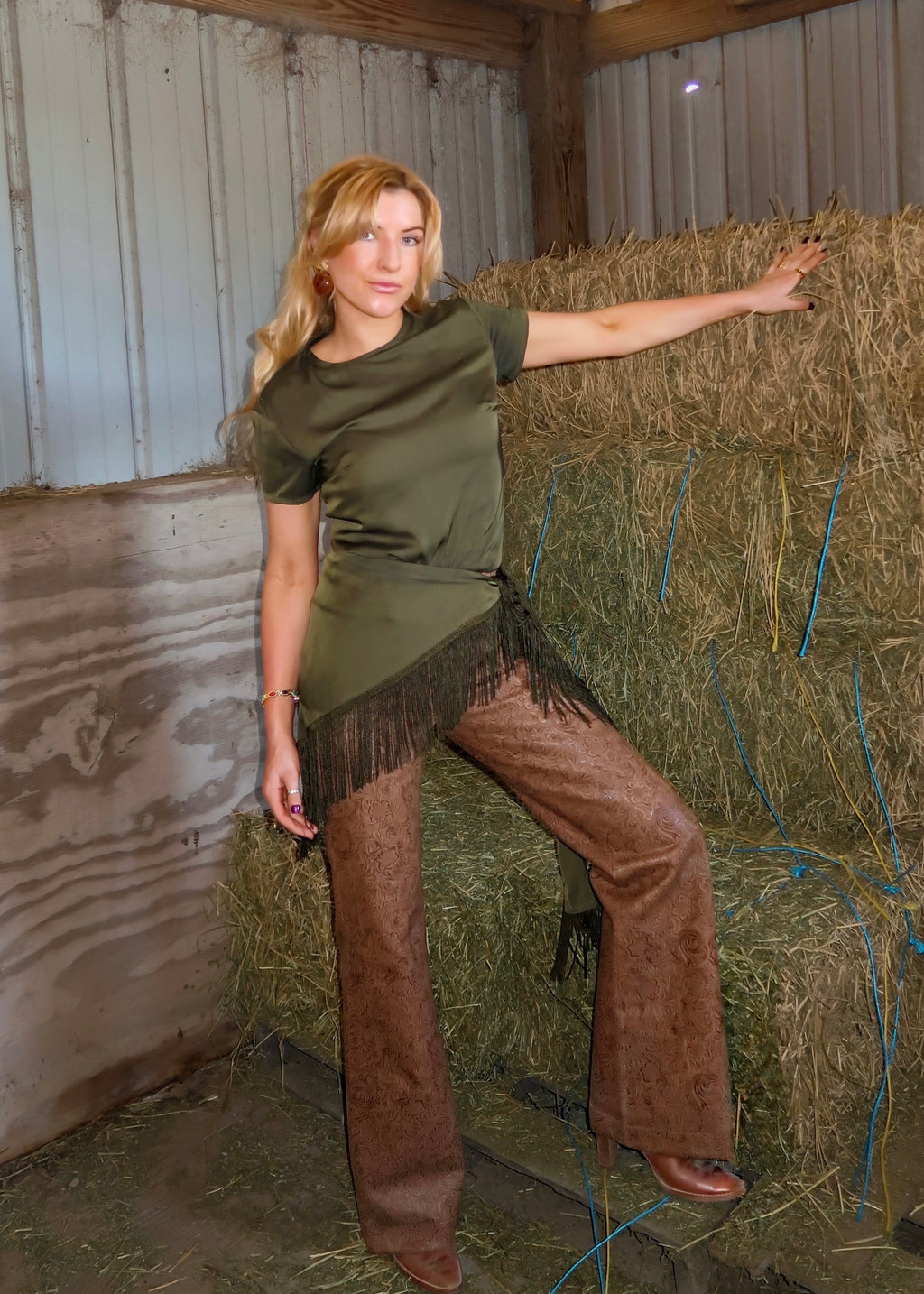 Satin Tee with Removable Fringe Scarf