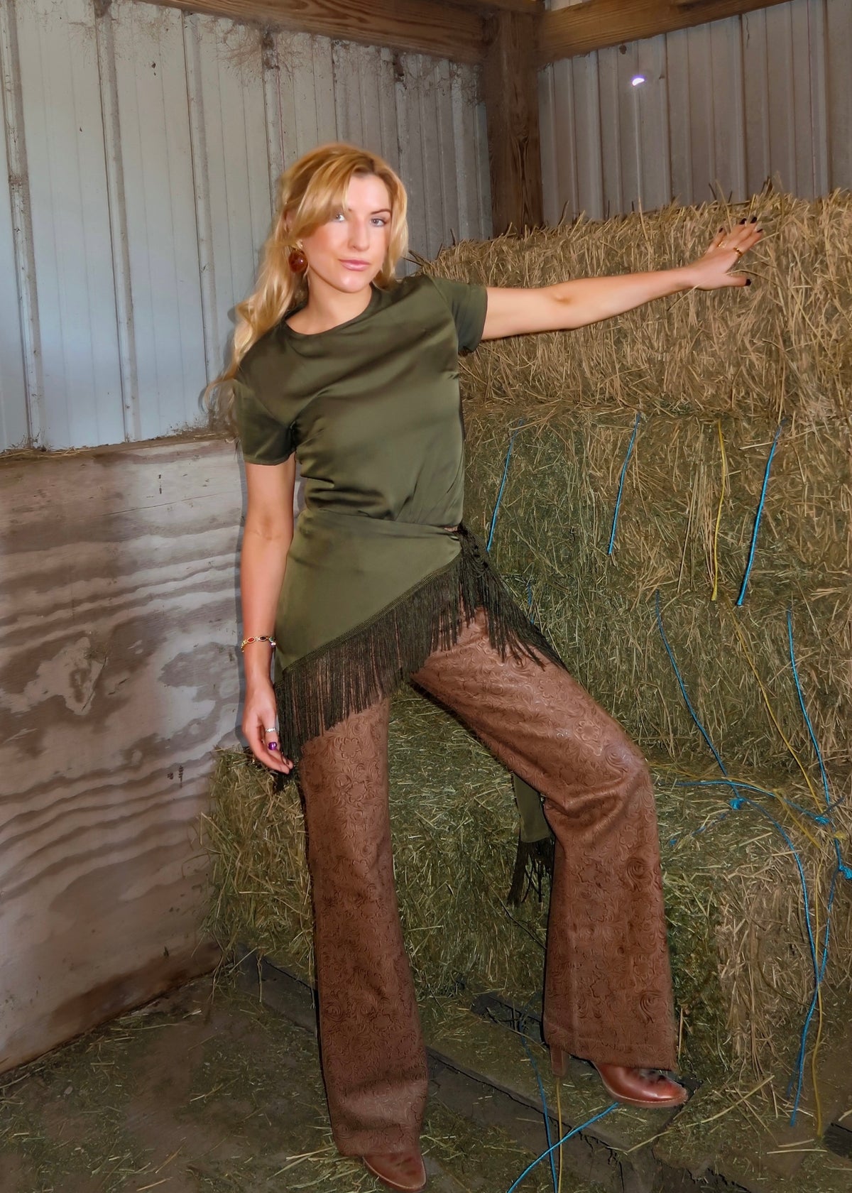 Satin Tee with Removable Fringe Scarf
