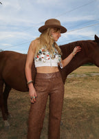 Floral Embossed Vegan Leather Trousers
