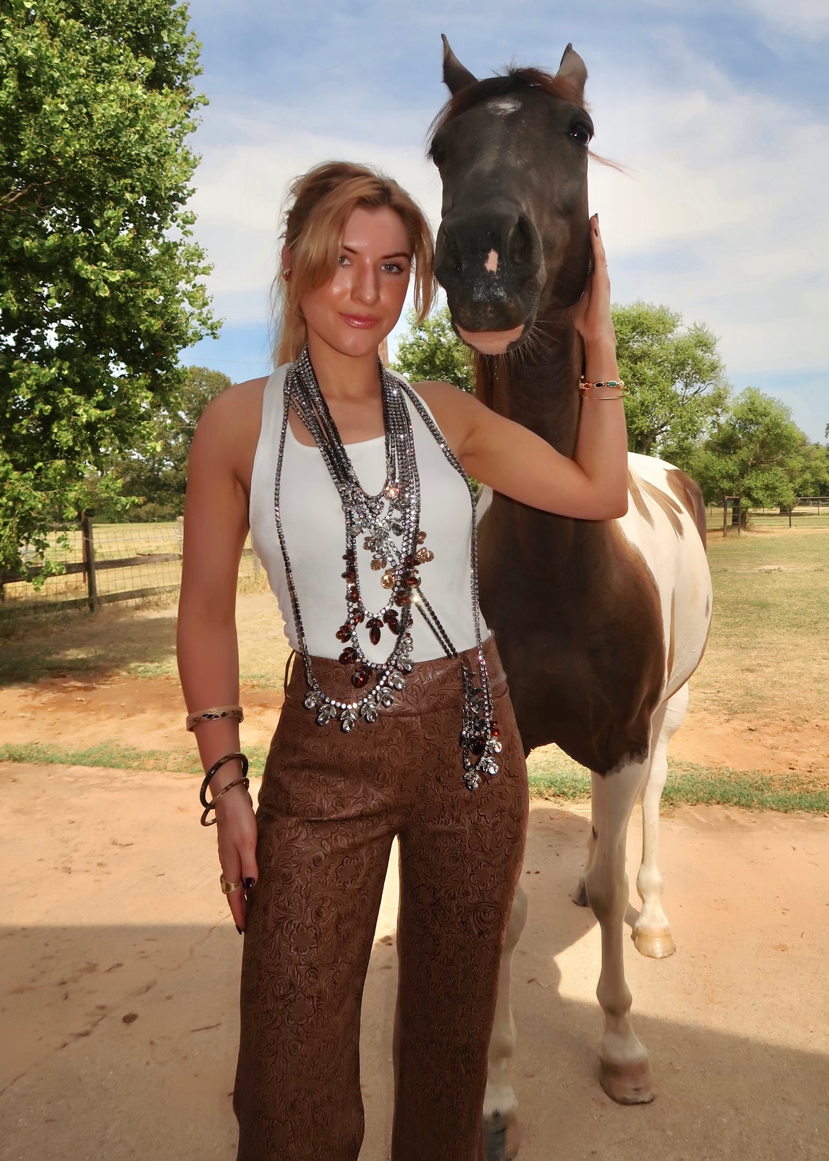 Floral Embossed Vegan Leather Trousers