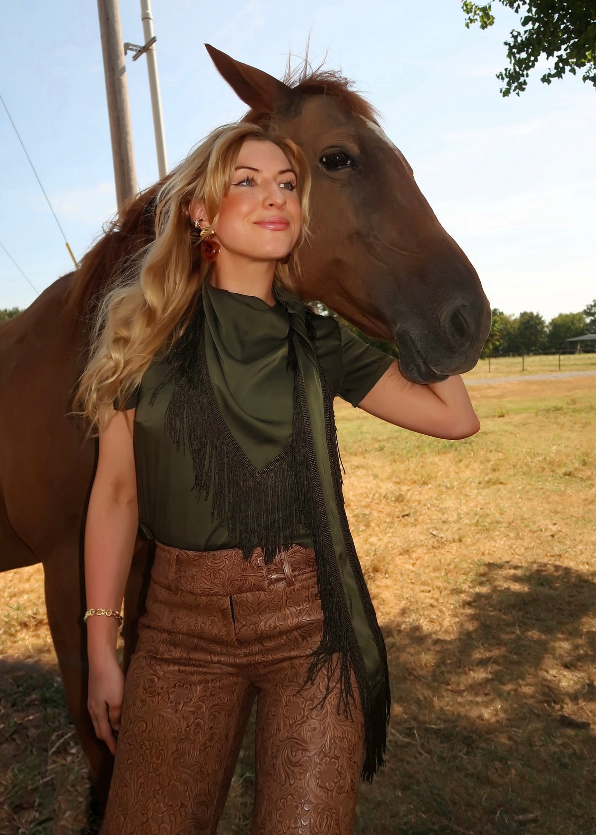 Satin Tee with Removable Fringe Scarf